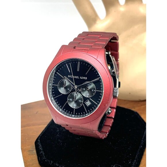 Michael Kors Men's Watch MK9061 Slim Runway Quartz Black Dial Red Steel 44mm - Picture 13 of 14